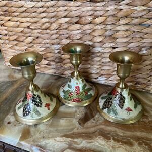 Enamel Brass Candle Holders: Set of 3